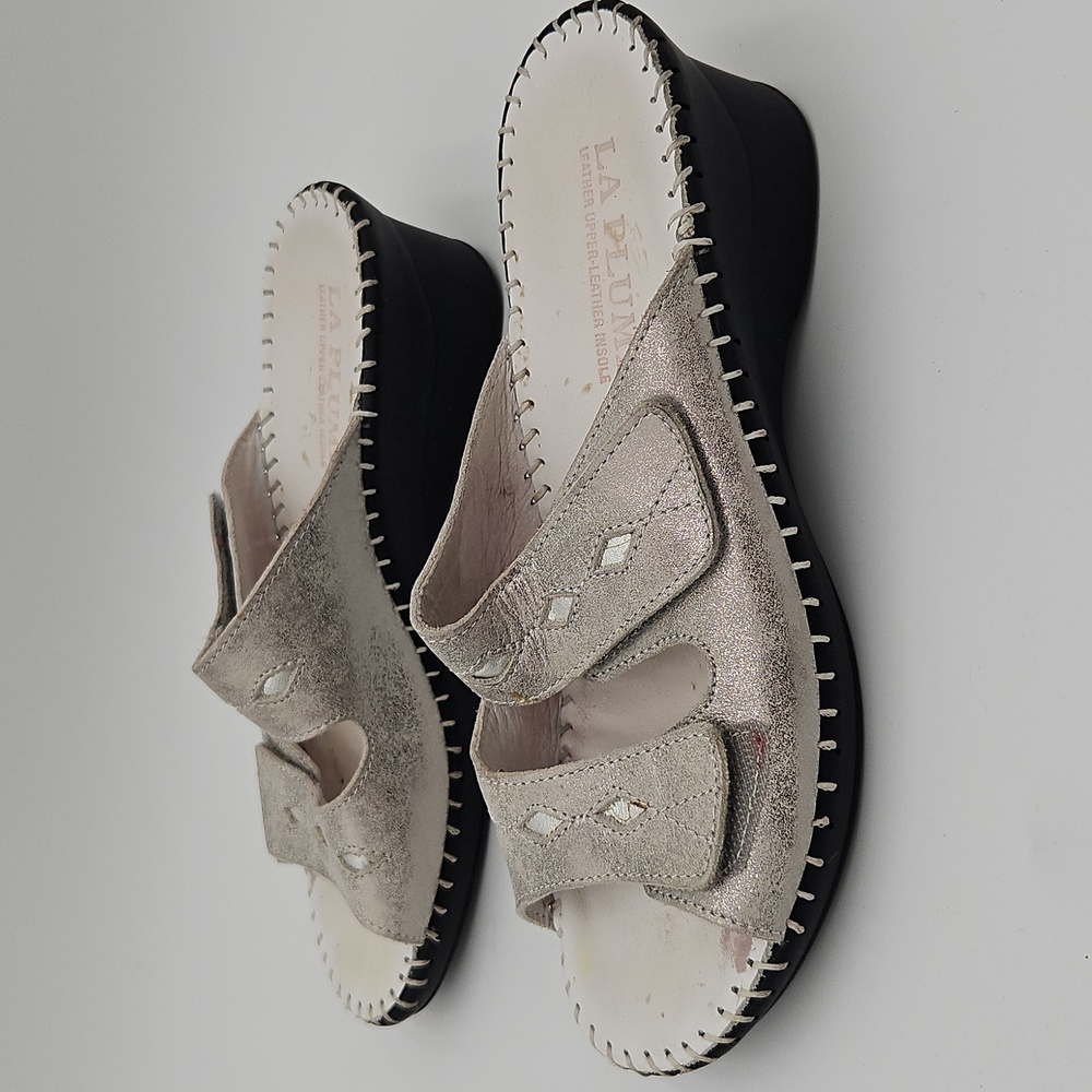 La Plume Women's Silver Sandals Slip On Velcro 39 Leather